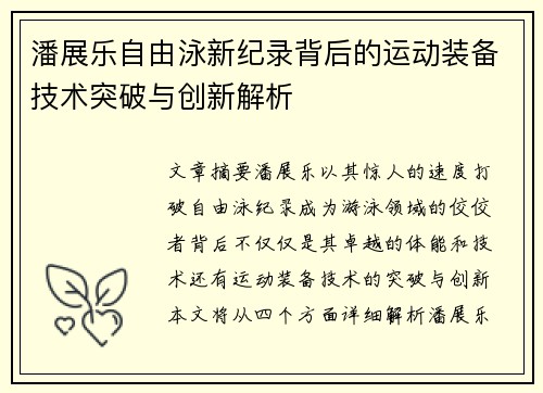潘展乐自由泳新纪录背后的运动装备技术突破与创新解析