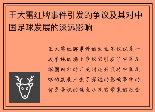 王大雷红牌事件引发的争议及其对中国足球发展的深远影响